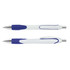 A plastic pen with a white body and blue grips, featuring a chrome clip and accents. It has a logo present.