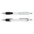 A light green plastic pen with a black grip and trim, featuring a silver clip and tip, and a logo on the side.