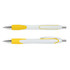 A pair of plastic Curve Pens in white with yellow grips and accents, featuring a silver clip and tip.