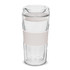 A double wall glass cup with a clear body and a white silicone grip. The cup features a lid designed for easy sipping.