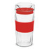 A double wall glass cup featuring a transparent design with a vibrant red silicone grip and lid.