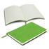 A green soft cover notebook with an open layout, featuring lined pages and a matching ribbon bookmark.