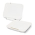 A white wireless charging stand with a sleek, minimalist design, featuring a raised base for stability.