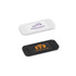 A white and black webcam cover with logos, featuring a sliding design for privacy protection.