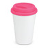 A double wall coffee cup with a white body and a bright pink silicone lid.