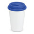 A double wall coffee cup featuring a white body and a blue silicone lid.