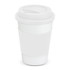 A white coffee cup with a lid and a grip band, featuring a logo on the surface.