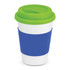 A coffee cup with a white body, blue silicone band, and a green lid, featuring a logo.