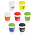 A collection of reusable coffee cups in various colours, each with a unique lid and branding.