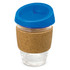 A drink bottle featuring a clear glass body, a cork band for grip, and a blue silicone lid.