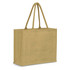 A jute tote bag in a soft yellow hue with two sturdy handles and a simple design.