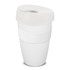 A drink bottle featuring a white body, white lid, and white sleeve, with a logo on the surface.