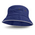 A blue bucket hat with white sandwich trim and ventilation eyelets. It features a simple, classic design.