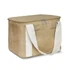 A beige cooler bag with a zip closure and white carrying straps, featuring a front pocket and logo.