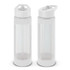 A drink bottle featuring a white exterior and clear body, with a flip-top lid and a logo.