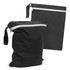 A black wet bag with a zippered closure, featuring a handle and a flat zip pouch. Both have a branded logo.