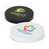 A round wireless charger in black and white, featuring two printed logos on the surface.