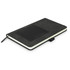 A dark green notebook with a textured cover, featuring an elastic band and a built-in bookmark.