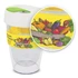 A drink bottle with a transparent body, white lid, and green top, featuring a colourful fruit and vegetable design.
