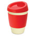 A drink bottle featuring a red lid and sleeve, with a beige body. It has a logo on the surface.