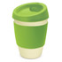 A drink bottle with a green silicone lid and sleeve, featuring a cream-coloured base and a logo.