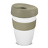 A drink bottle with a double wall, featuring a white body and an olive green lid and band.