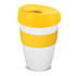 A drink bottle featuring a white body with a yellow lid and silicone band, designed for hot beverages.