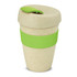 A drink bottle with a speckled cream body, green silicone band, and a green lid resembling a leaf. It has a logo.