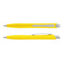 A yellow plastic Javalin pen with a sleek design and a silver clip, featuring a branding logo.