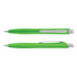 A green plastic pen with a silver clip and accents, featuring a smooth grip and retractable tip.