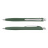 A green plastic pen with silver accents and a clip, featuring a sleek design and a logo.