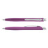 A purple plastic pen with a silver clip and trim, featuring a smooth design. It has a logo on its barrel.