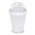 A drink bottle with a transparent body and a white screw-on lid featuring a clear dome top.