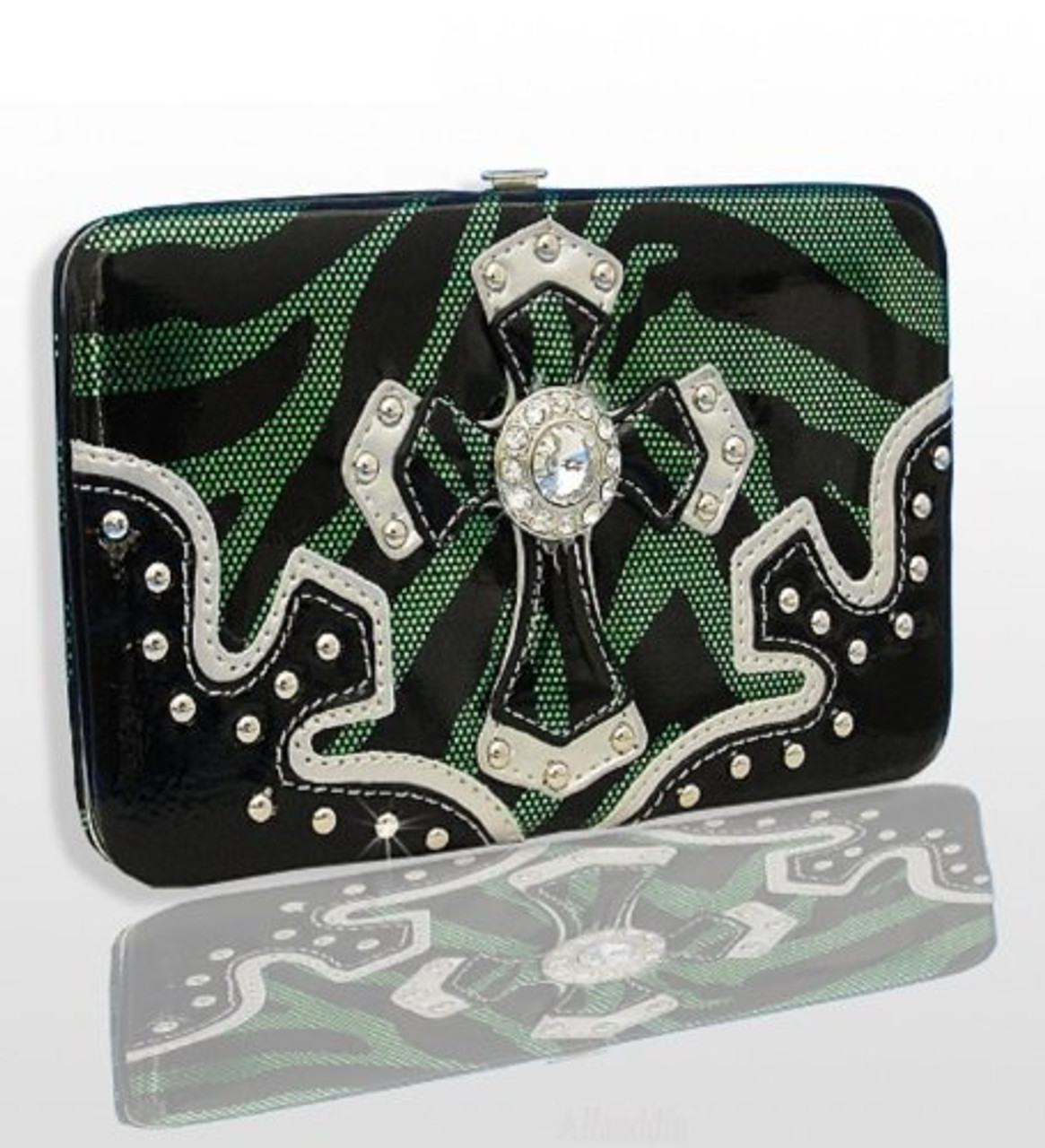 Green Western Style Cross Wallet with Rhinestones