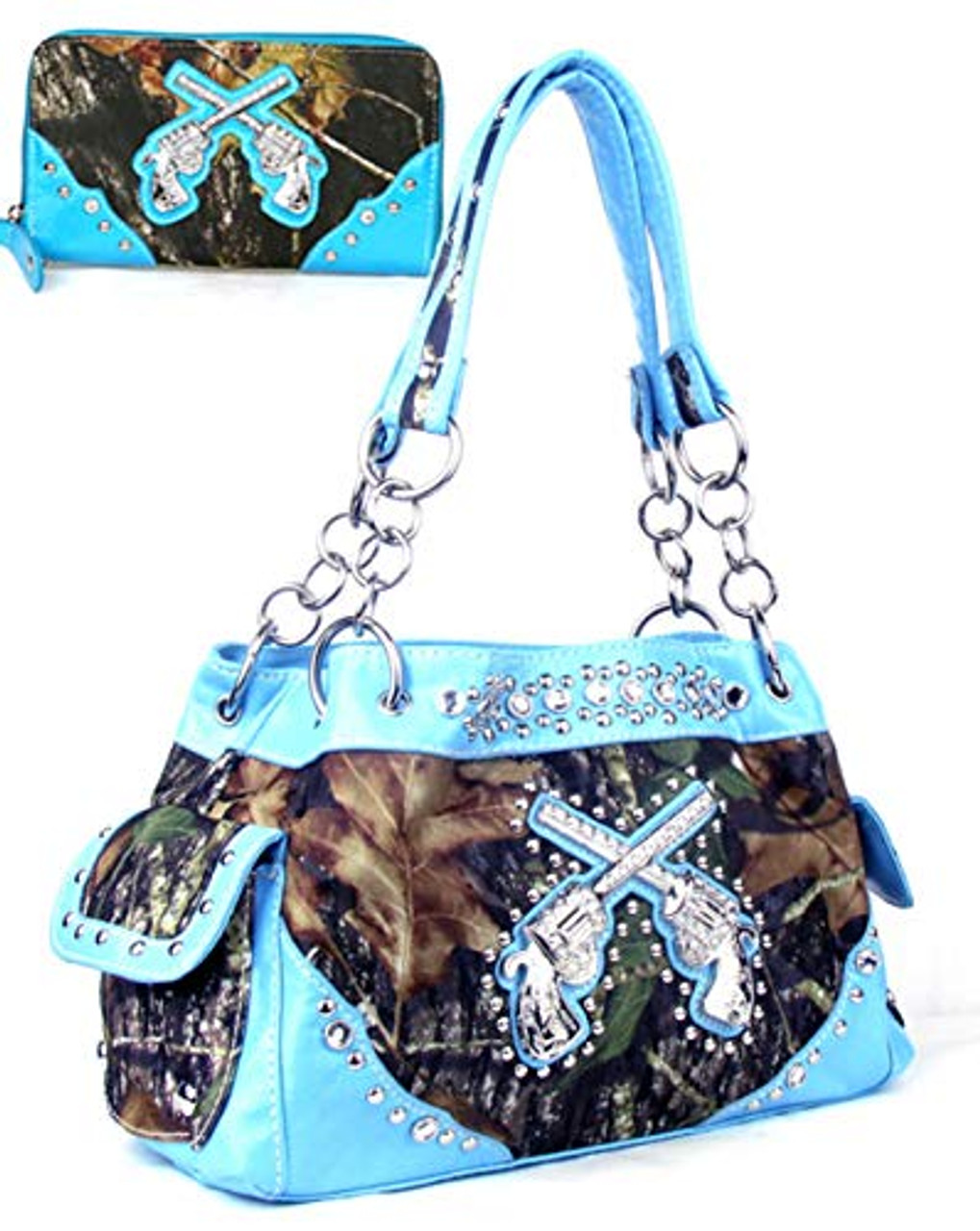 Western Pistol Gun Blue Camouflage Rhinestone Handbag W Matching Wallet