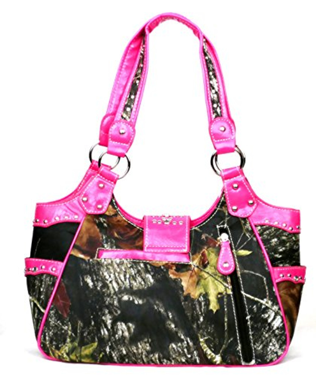 NEW WESTERN COWGIRL CAMO MOSSY OAK HOT PINK CROSS RHINESTONE SATCHEL PURSE  BAG | #1693193843