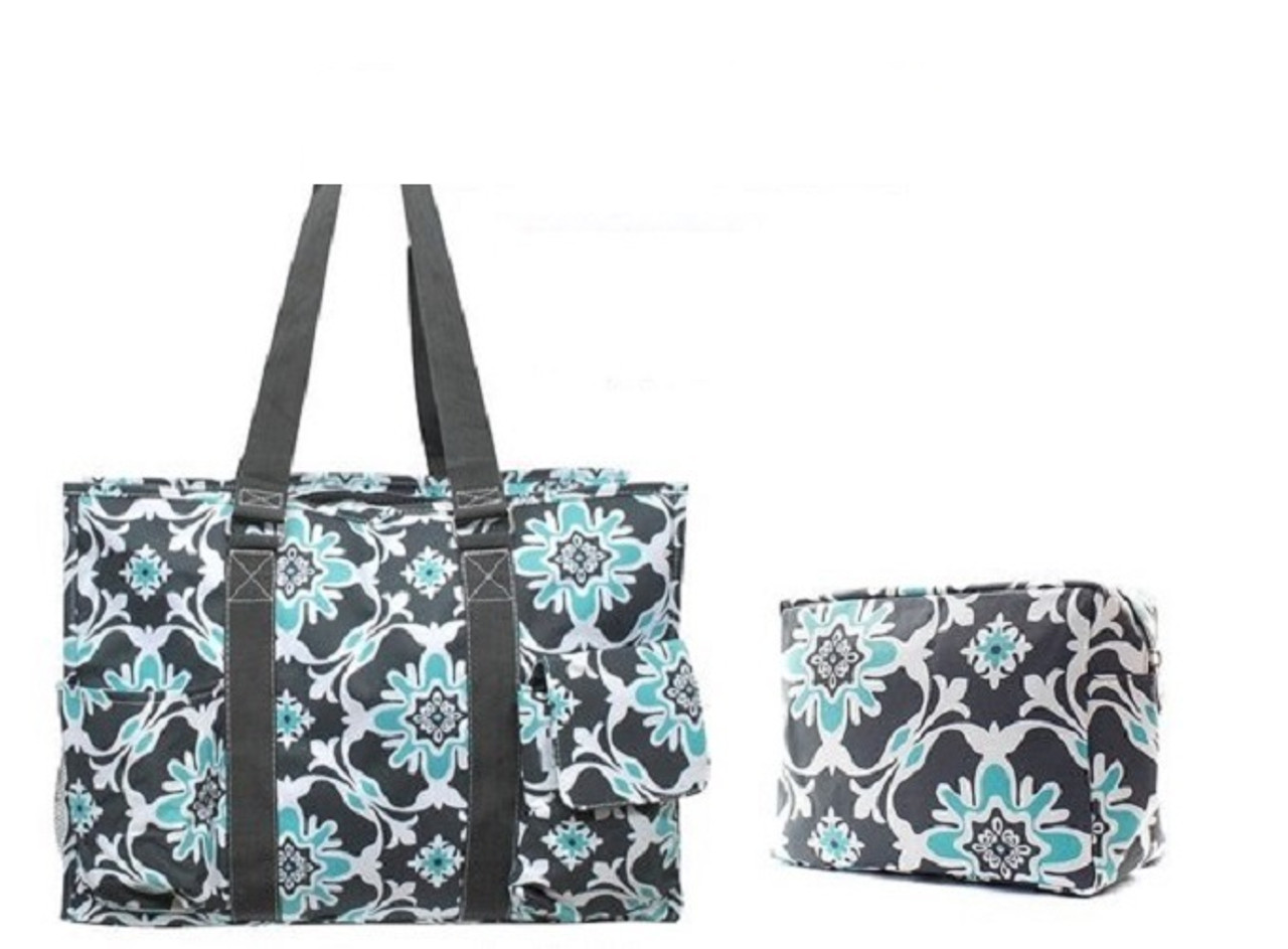 Aqua Floral Utility Tote Bag Set