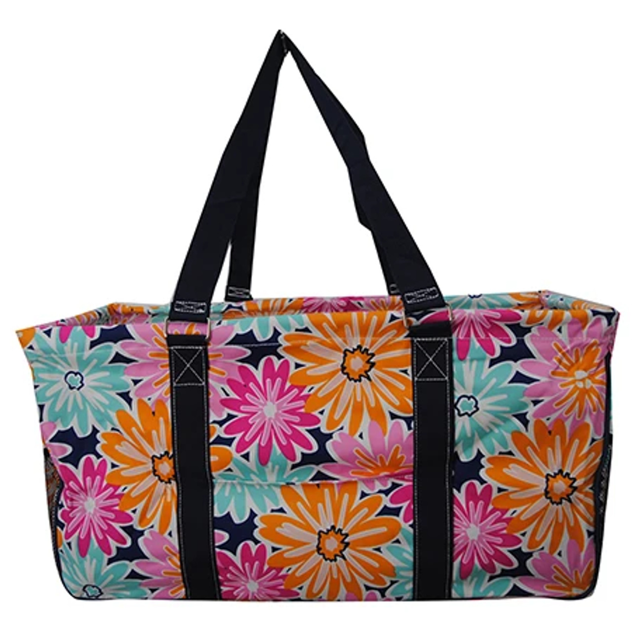 Flower Power Print Large Canvas Utility Tote Bag Pink