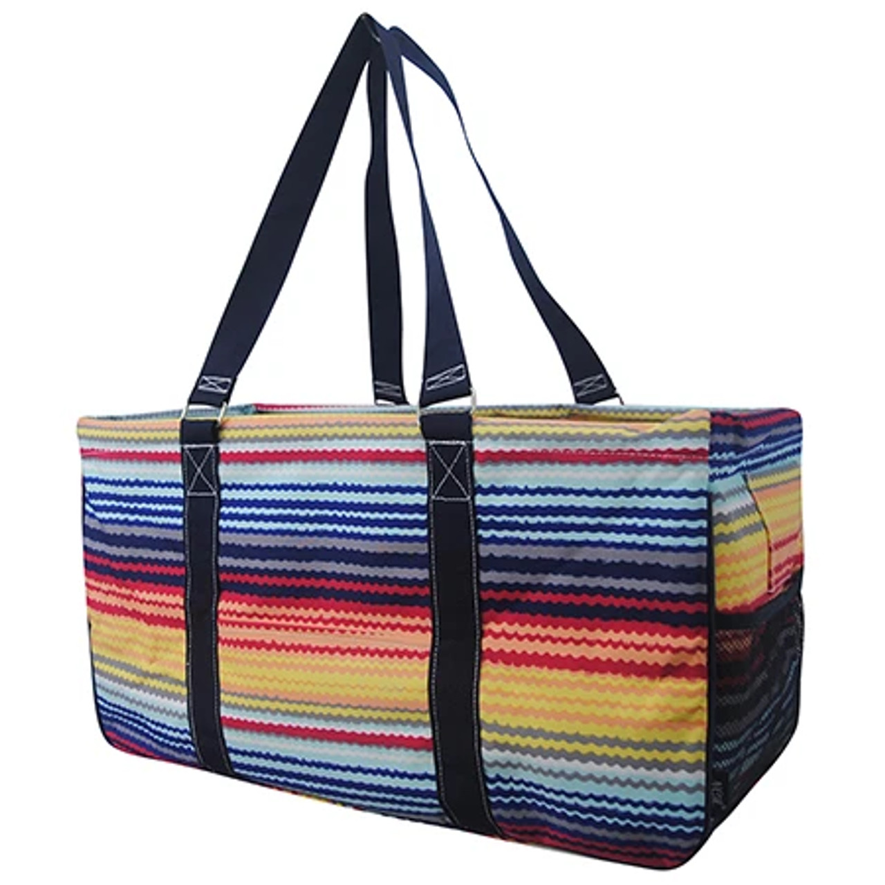 Retro Rainbow Print Large Canvas Utility Tote Bag-Blue