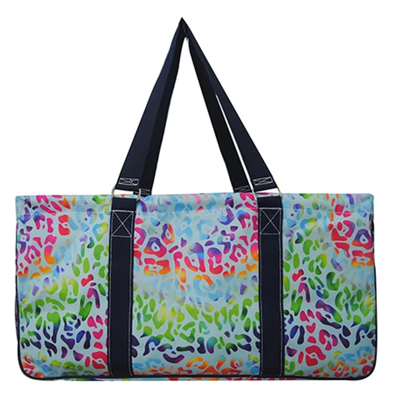 Rainbow CheetahPrint Large Canvas Utility Tote Bag Navy