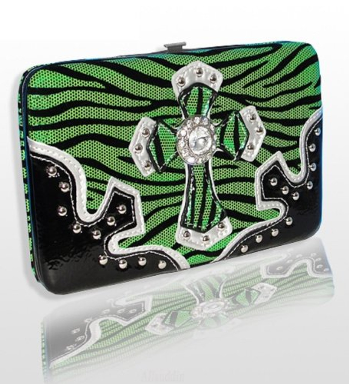 Lime Green Zebra Western Style Cross Wallet with Rhinestones