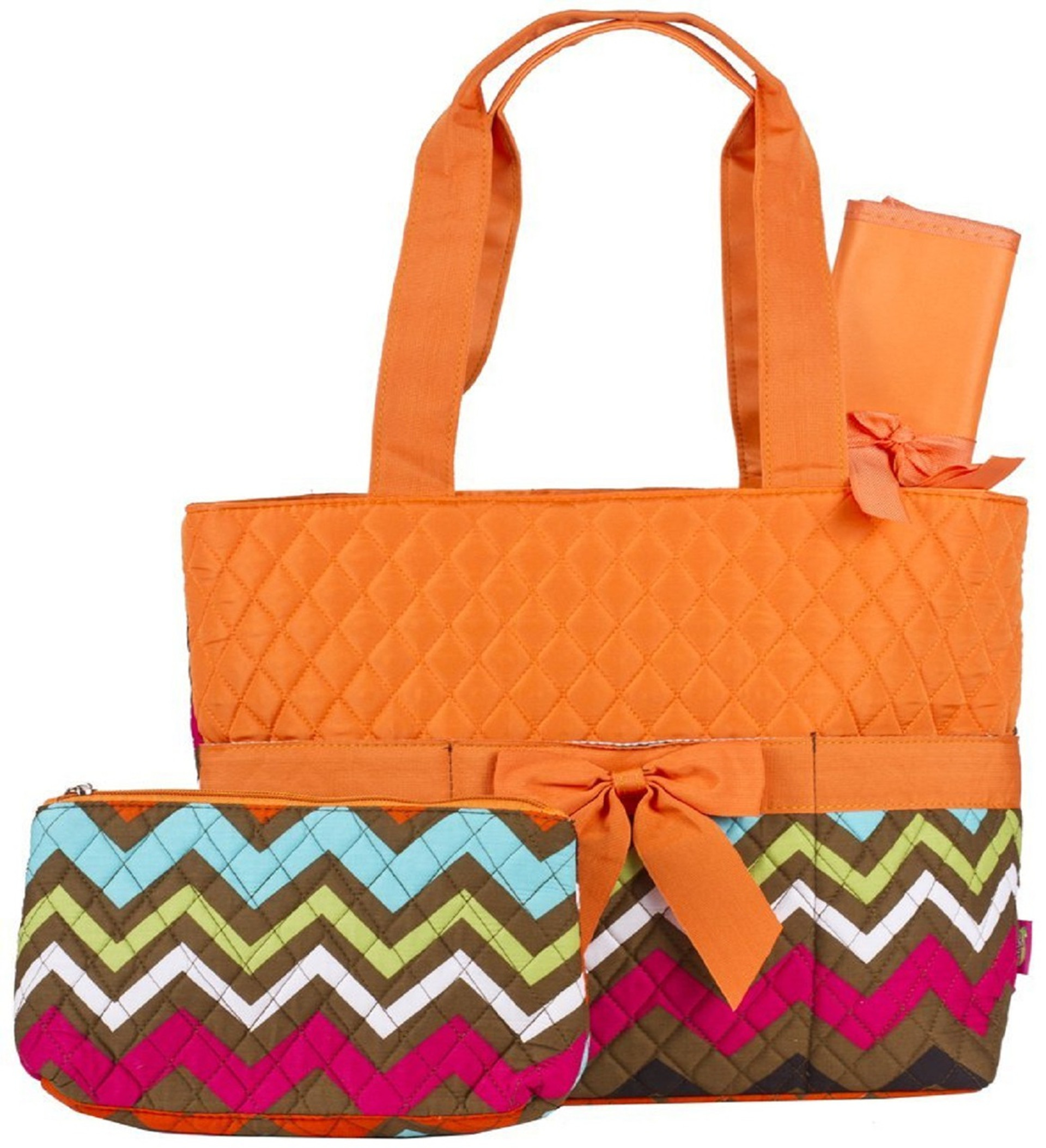 Orange Chevron Quilted Diaper Bag with Changing Pad and Accessory Case 3 Piece
