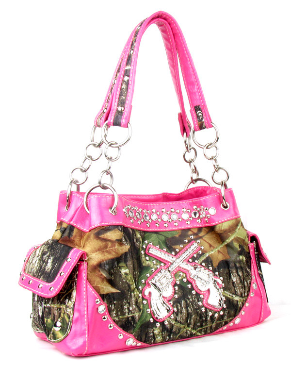 Pink Camo Fashion Double Pistol Purse With Rhinestones W Matching Wallet