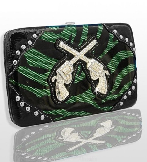 Green Zebra Fashion Double Pistol Wallet With Rhinestones