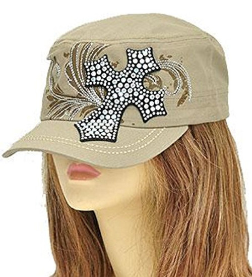 Khaki Rhinestone Cross Cadet Hat