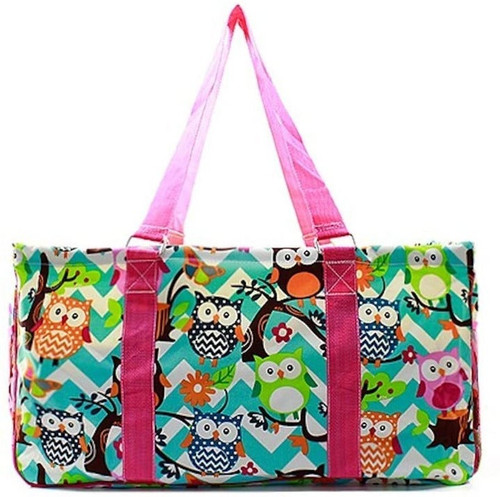 Owl Blue Chevron Print Large Canvas Utility Tote Bag-Pink