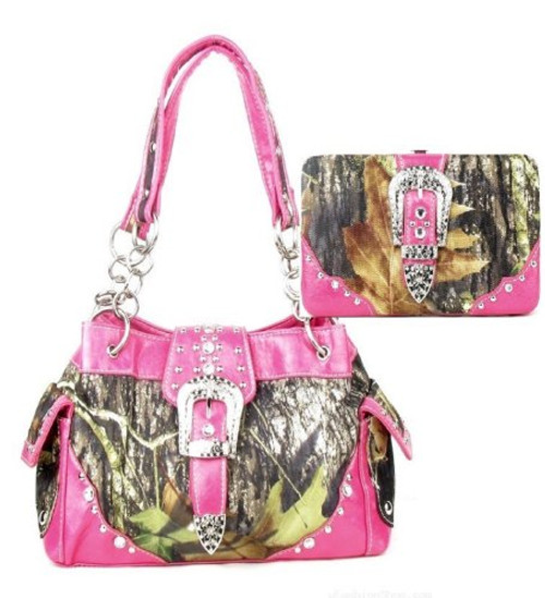 Western Pink Camouflage Buckle Rhinestone Handbag W Matching Wallet