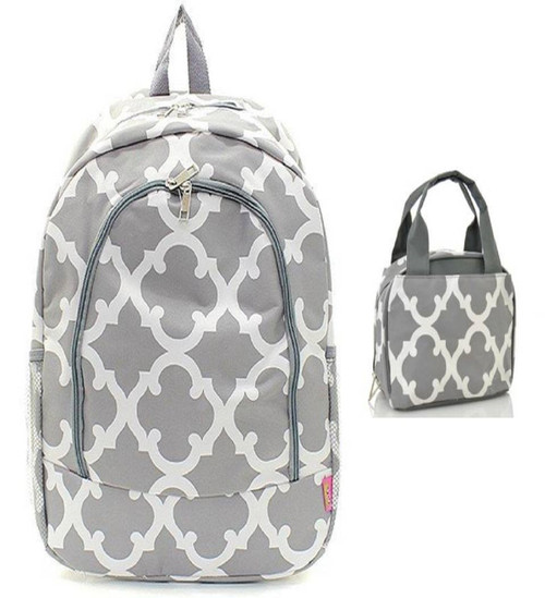 Grey & White Geometric Backpack W Matching Lunch Bag 