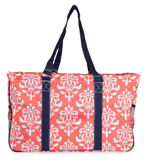 Damask Print Large Canvas Utility Tote Bag-Coral
