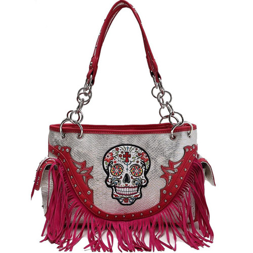 Fuchsia Sugar Skull With Fringe Concealed Gun Carrier Western Handbag